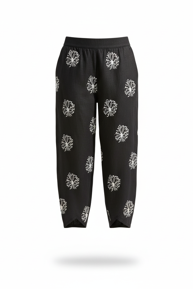Pantalon En Lin Noir Ample Motif Floral Décontracté - vue 3