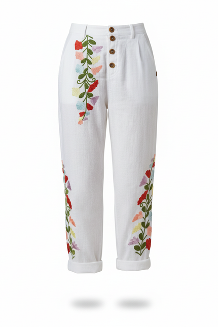 Pantalon En Lin Blanc Brodé Floral Décontracté Estival - vue 3