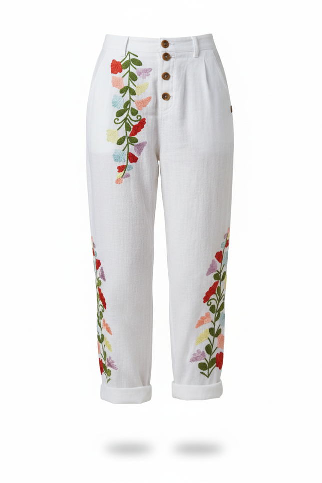 Pantalon En Lin Blanc Brodé Floral Décontracté Estival - vue 3