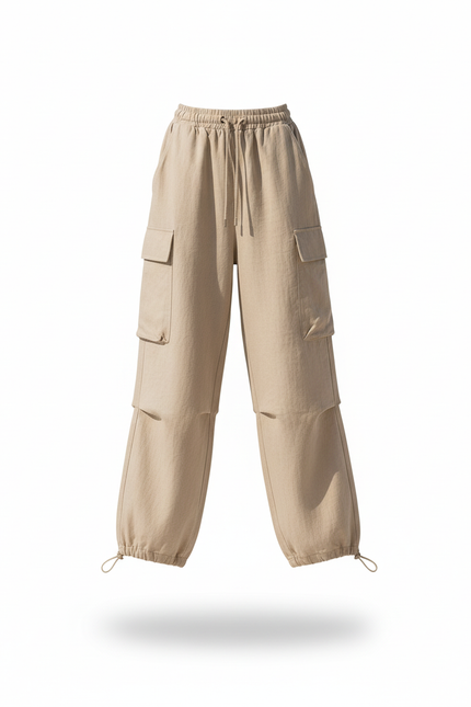 Pantalon En Lin Cargo Beige Ample Décontracté Femme - vue 3