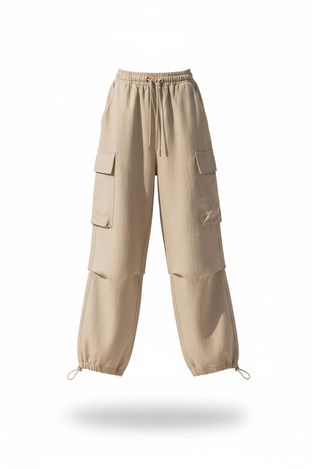 Pantalon En Lin Cargo Beige Ample Décontracté Femme - vue 3