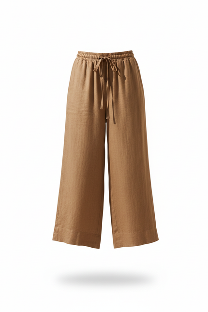 Pantalon En Lin Marron Ample Cordon Fluide Femme - vue 3