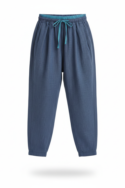 Pantalon En Lin Bleu Ample Élastique Fille - vue 3