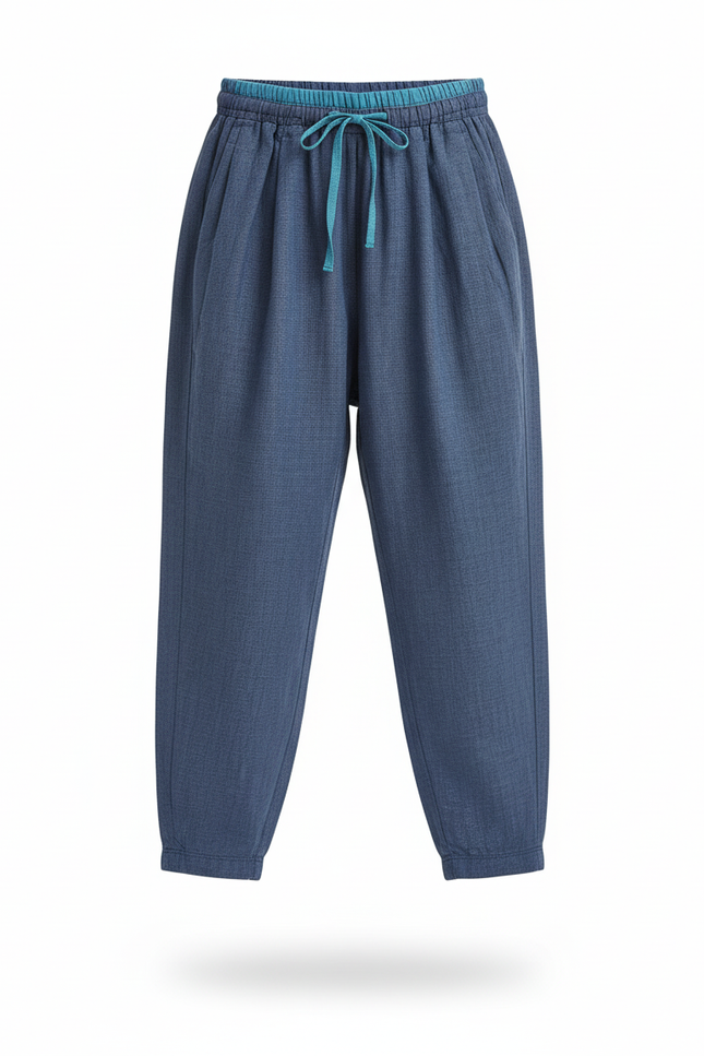 Pantalon En Lin Bleu Ample Élastique Fille - vue 3