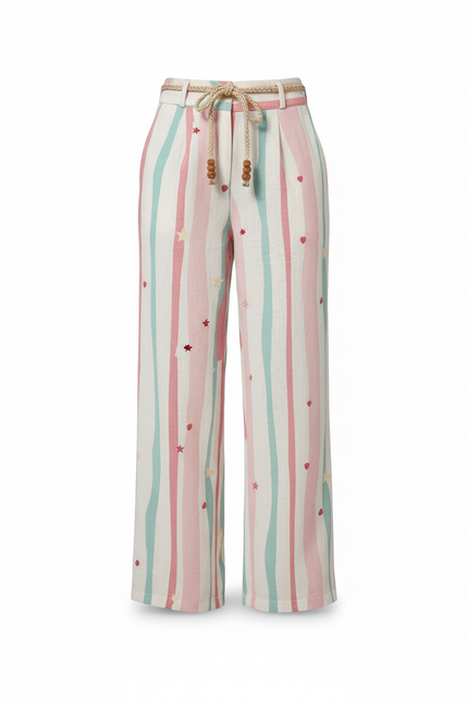 Pantalon En Lin Rayé Multicolore Ample Estival Cœurs - vue 3