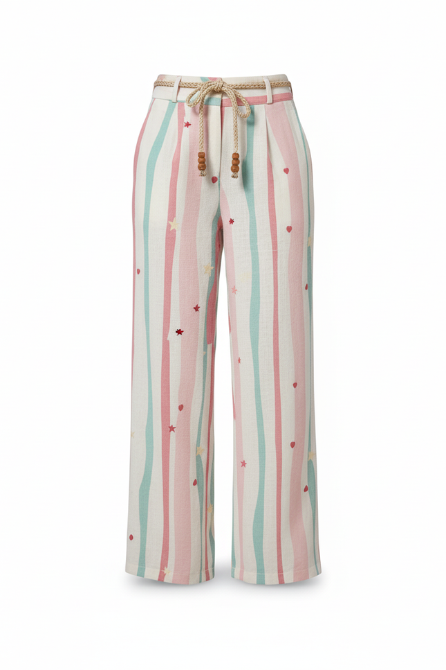 Pantalon En Lin Rayé Multicolore Ample Estival Cœurs - vue 3