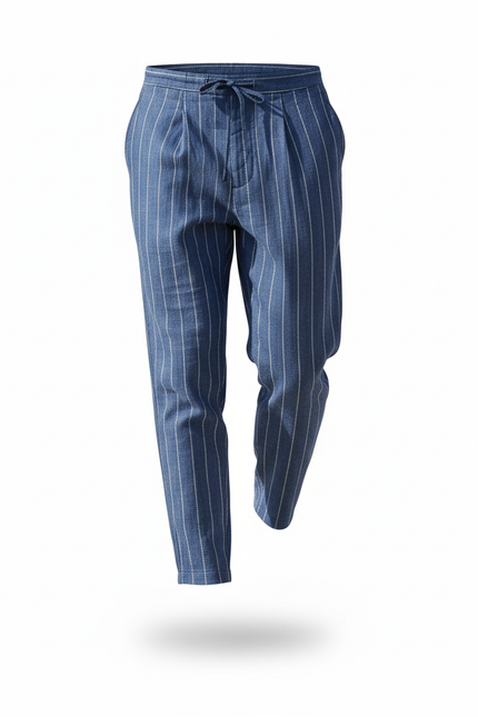 Pantalon En Lin Bleu Rayé Cordon Décontracté Homme - vue 3