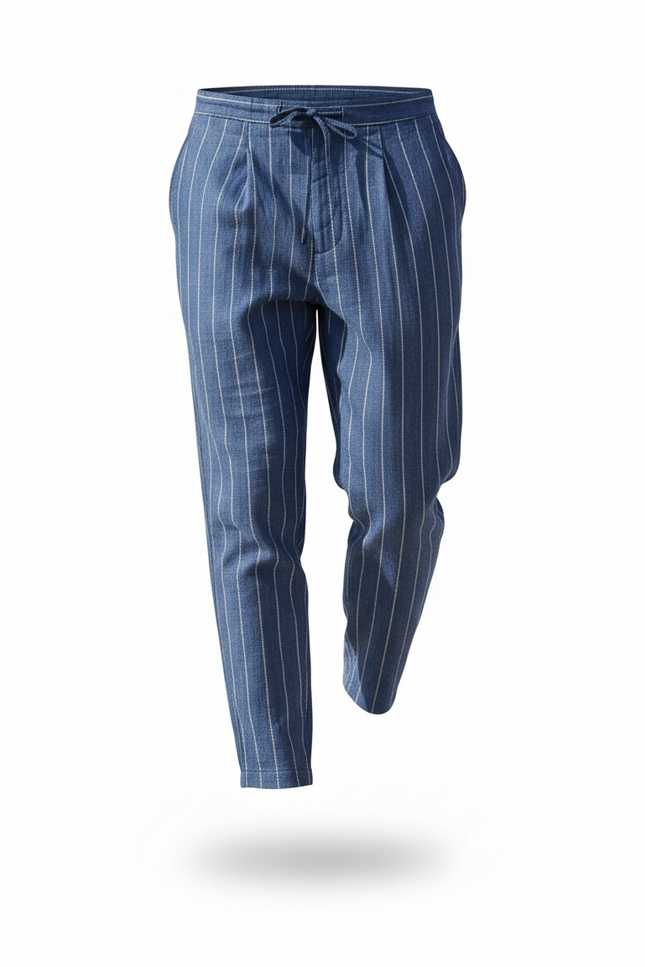 Pantalon En Lin Bleu Rayé Cordon Décontracté Homme - vue 3