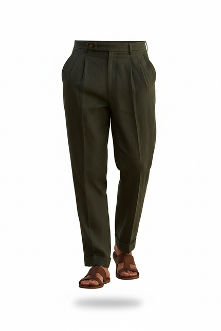 Pantalon En Lin Vert Foncé Plissé Droit Homme Élégant - vue 3