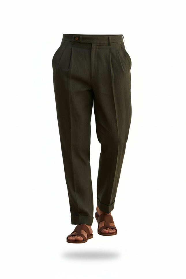 Pantalon En Lin Vert Foncé Plissé Droit Homme Élégant - vue 3