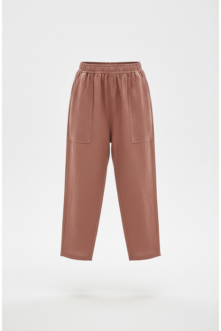Pantalon En Lin Marron Ample Taille Élastique Fille - vue 3