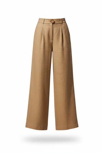 Pantalon En Lin Beige Ample Taille Haute Fluide - vue 3