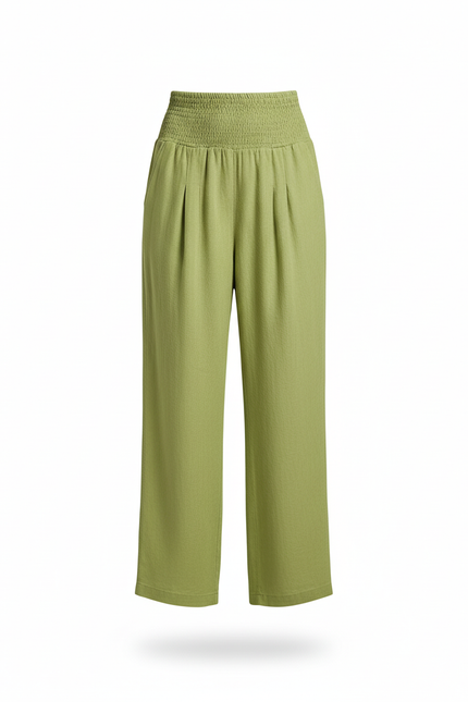 Pantalon En Lin Vert Ample Élastiqué Fluide - vue 3