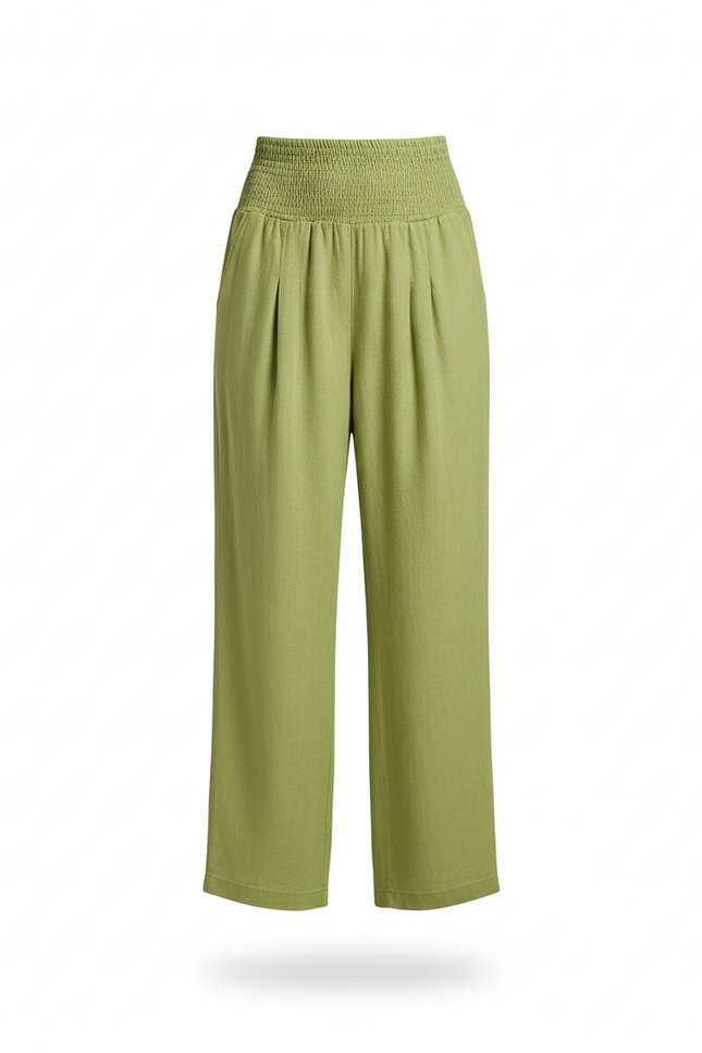 Pantalon En Lin Vert Ample Élastiqué Fluide - vue 3