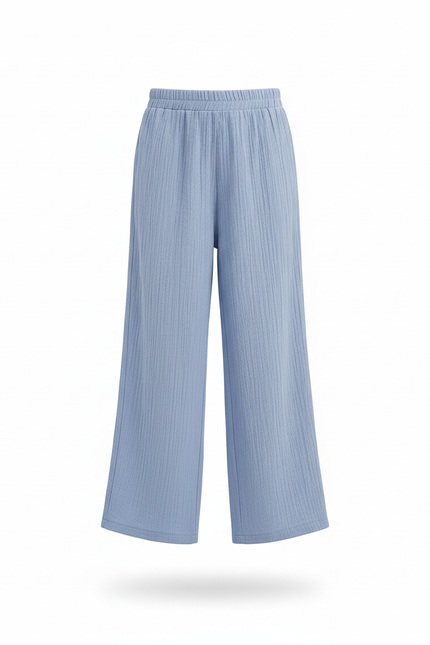 Pantalon En Lin Bleu Côtelé Ample Fluide Décontracté - vue 3