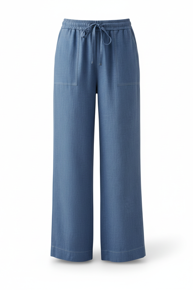 Pantalon En Lin Bleu Ample Fluide Décontracté Cordon - vue 3