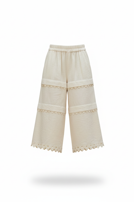 Pantalon En Lin Écru Large Scallopé Fille Léger - Beige - vue 3
