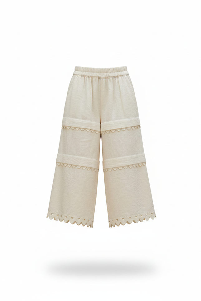Pantalon En Lin Écru Large Scallopé Fille Léger - Beige - vue 3