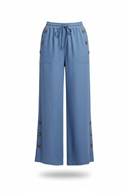 Pantalon En Lin Bleu Ample Fluide Décontracté Boutons - vue 3
