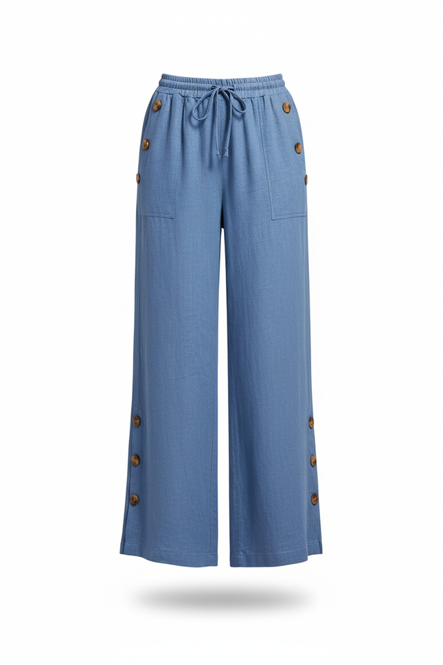 Pantalon En Lin Bleu Ample Fluide Décontracté Boutons - vue 3