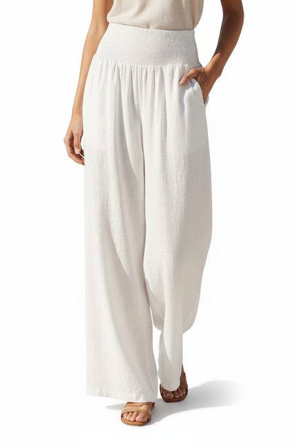 Pantalon En Lin Blanc Ample Smocké Fluide Femme - vue 3