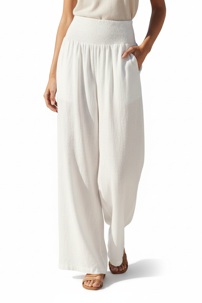 Pantalon En Lin Blanc Ample Smocké Fluide Femme - vue 3