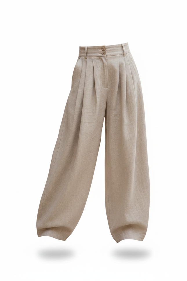 Pantalon En Lin Beige Ample Plissé Fille Élégant - vue 3