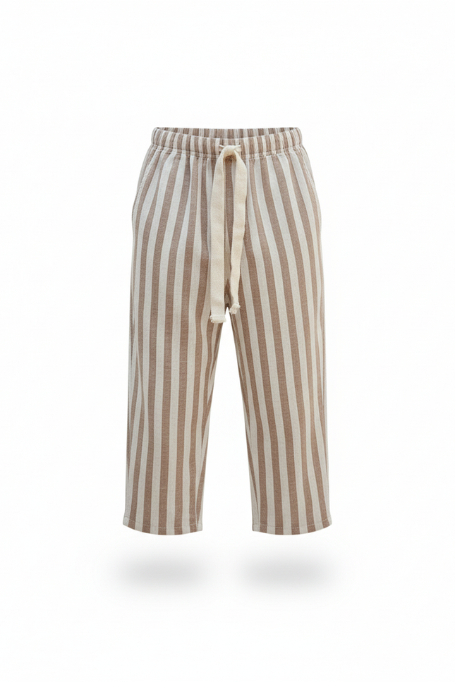 Pantalon En Lin Rayé Marron Ample Cordon Enfant - vue 3