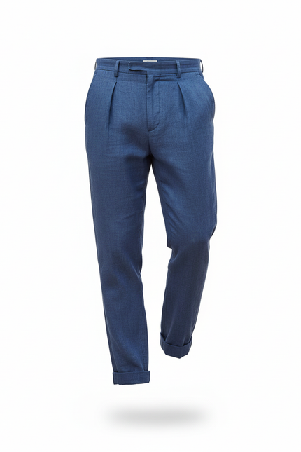 Pantalon En Lin Bleu Plissé Droit Décontracté Homme - vue 3