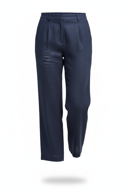 Pantalon En Lin Bleu Marine Ample Plissé Décontracté - vue 3
