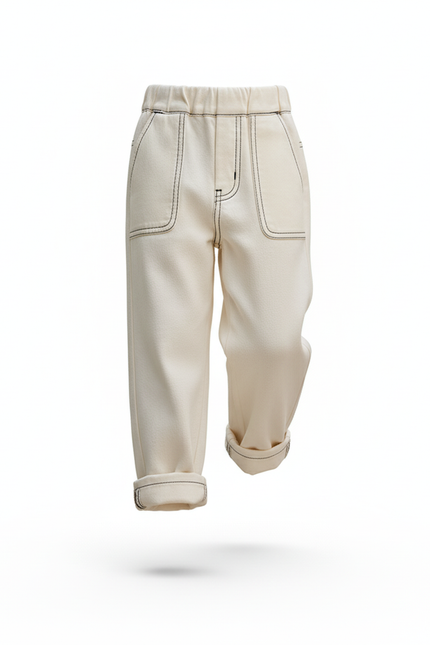 Pantalon En Lin Crème Ample Surpiqué Garçon - Beige - vue 3