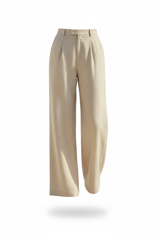 Pantalon En Lin Beige Ample Plissé Décontracté Élégant - vue 3