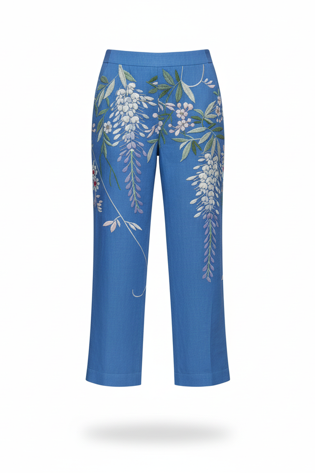 Pantalon En Lin Bleu Brodé Floral Ample Décontracté - vue 3