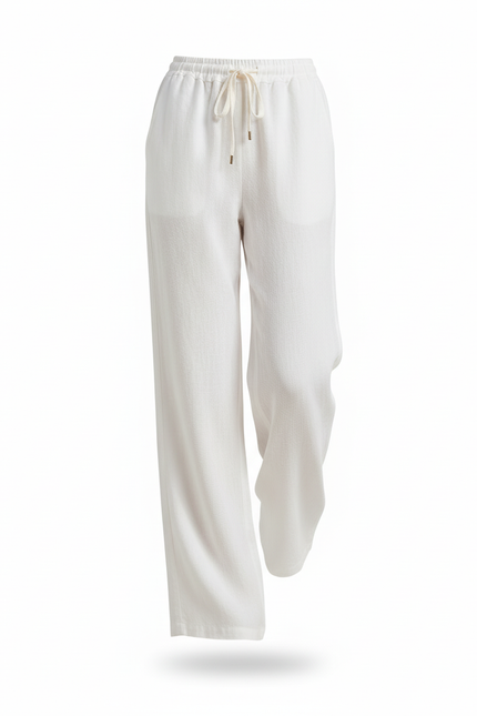 Pantalon En Lin Blanc Ample Fluide Cordon Décontracté - vue 3