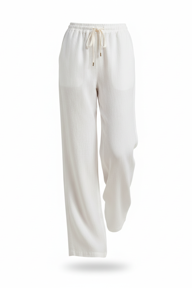 Pantalon En Lin Blanc Ample Fluide Cordon Décontracté - vue 3