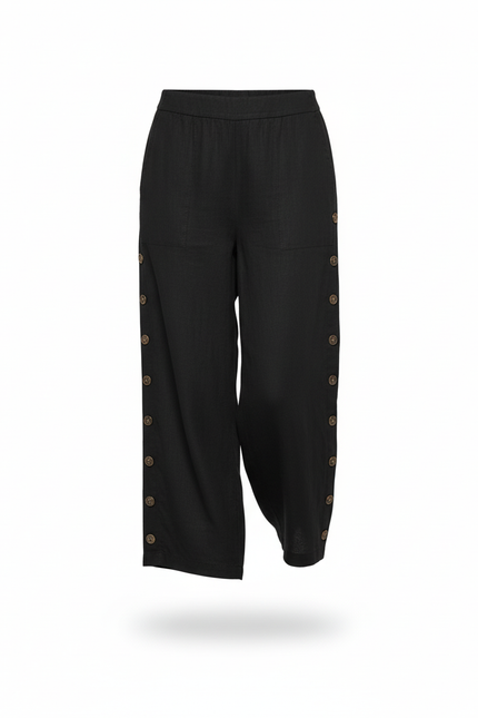 Pantalon En Lin Noir Ample Boutons Décontracté Femme - vue 3