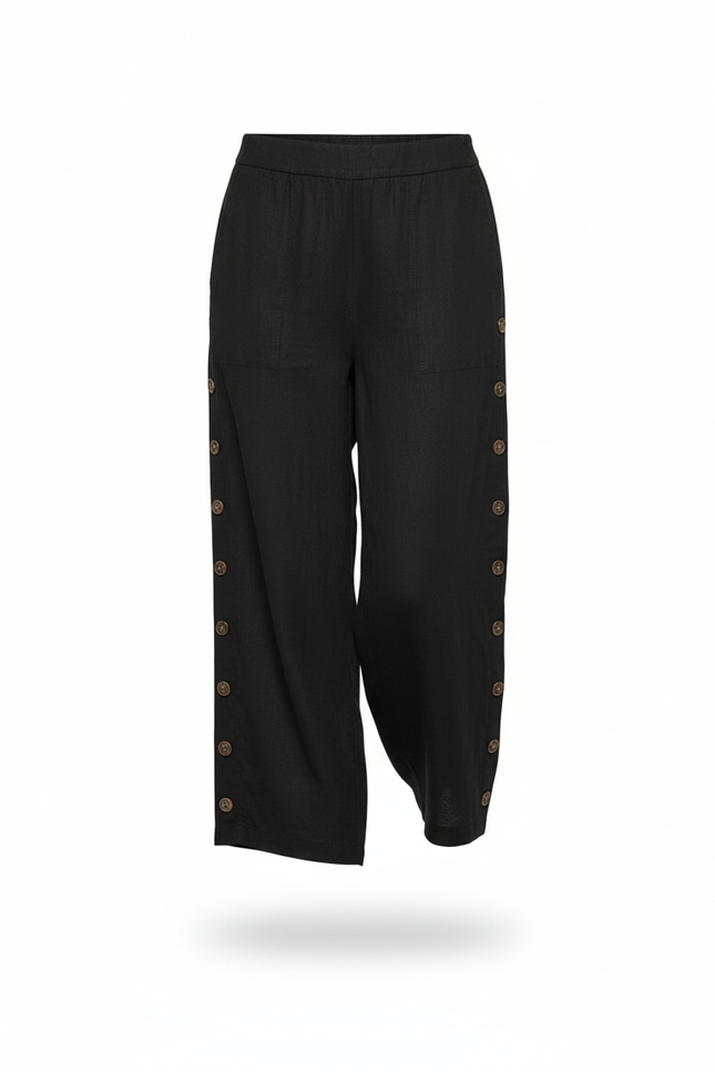 Pantalon En Lin Noir Ample Boutons Décontracté Femme - vue 3