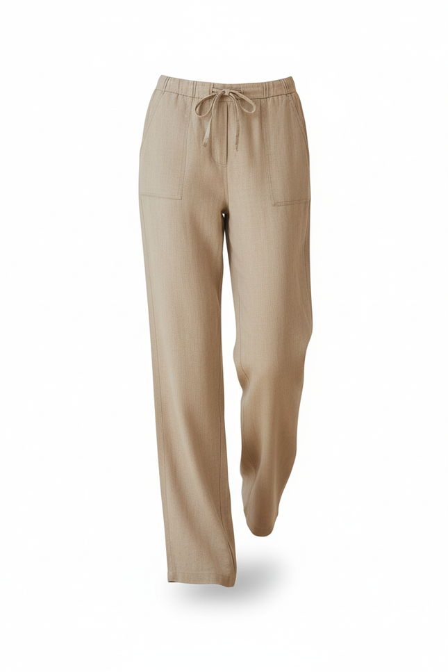 Pantalon En Lin Beige Ample Cordon Taille Élastique - vue 3