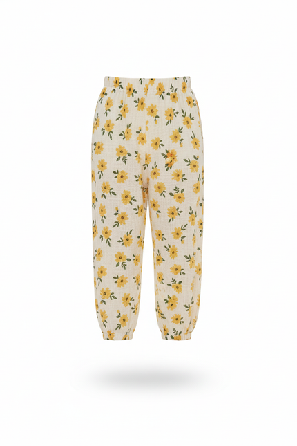 Pantalon En Lin Enfant Fleuri Ample Décontracté Léger - Jaune - vue 3