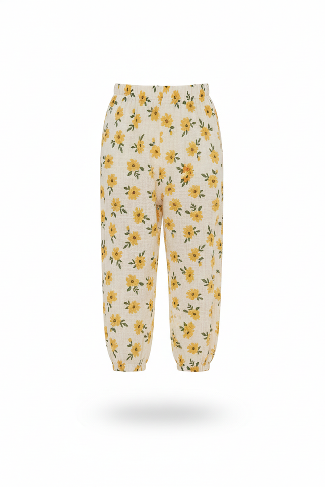 Pantalon En Lin Enfant Fleuri Ample Décontracté Léger - Jaune - vue 3