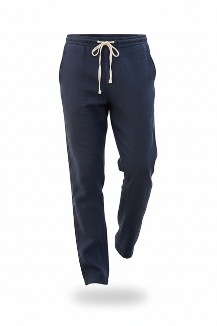 Pantalon En Lin Bleu Marine Droit Décontracté Homme Cordon - vue 3