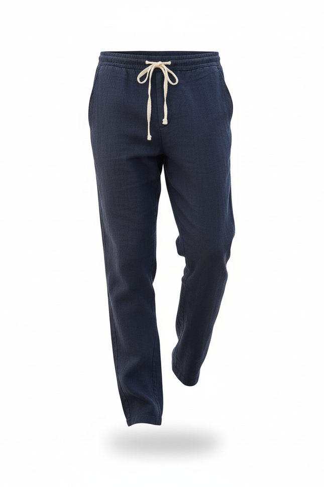 Pantalon En Lin Bleu Marine Droit Décontracté Homme Cordon - vue 3