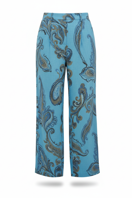 Pantalon En Lin Bleu Imprimé Paisley Ample Fluide - vue 3