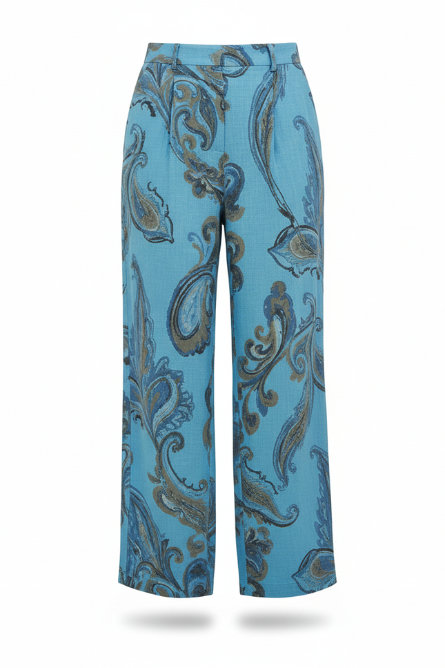 Pantalon En Lin Bleu Imprimé Paisley Ample Fluide - vue 3