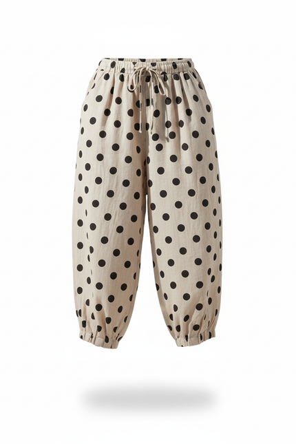 Pantalon En Lin Beige À Pois Ample Décontracté - vue 3