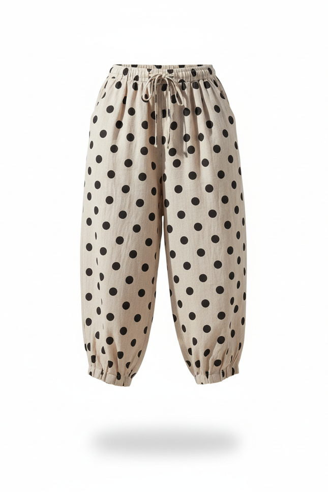 Pantalon En Lin Beige À Pois Ample Décontracté - vue 3