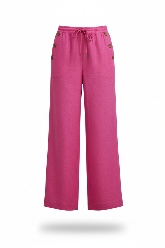 Pantalon En Lin Rose Vif Ample Cordon Boutons Fluide - vue 3